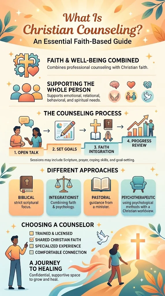 Infographic on what Christian counseling is: how faith and well-being combine, the four stages of the counseling process, four counseling approaches, and what to look for in a counselor.
